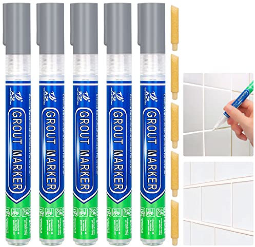 DRTRU 5 Pcs Tiles Grout Pen, Tile Grout Pen Light Grey Wall Repair Pens, Tile Grout Reviver Pens for Tile Grout Wall Floor Bathrooms and Kitchen Restoring Grout Joints