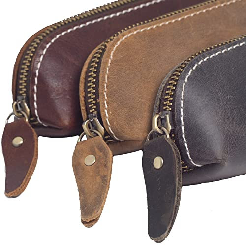 BAWAKO Federmäppchen aus hochwertigem Leder, kompaktes schönes Stift Etui handgemacht mit Reißverschluss für Shüler Student,Kosmetiktasche,Schminktasche (Zufälliger Stil, L18)