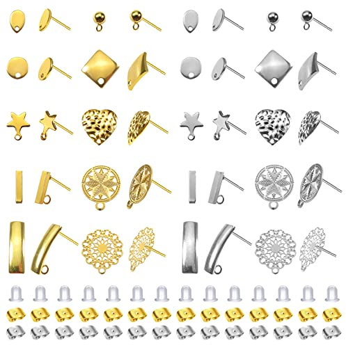 TOAOB 40 pezzi Orecchini Perno di Base Acciaio Inox Anallergici 10 Stili Tappi Connettore e 80 pezzi Chiusure Farfalline Orecchino per Creazione di Gioielli Argento Oro