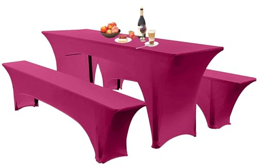 Elastische Hussen Für Bierzeltgarnitur Biertischhussen Bierbank-Auflage & Tischdecke 50 cm Oder 70 cm Tischbreite, 3 TLG Set Stretch Hussen Für Festzeltgarnituren Bierbank (70cm,Rose Red)