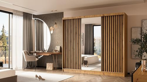 ALTDECOR Kleiderschrank mit Spiegel und Schiebetüren, kugelgelagerte Führungsschienen und Aluminium-Leisten - LAMELO - 240 cm Artisan + Artisan + Schwarz