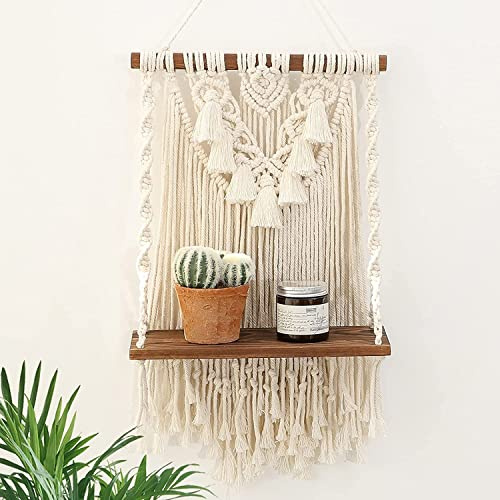 Dormitology Boho Makramee Wandregal, 2 Schichten Handgemachte Holz Schweberegal Wanddeko, Böhmische Regal für Balkon Badezimmer Wohnzimmer (Einlagig)