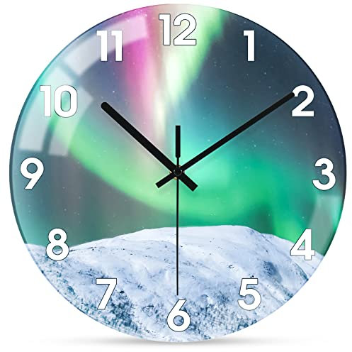 WONZOM 30cm Modern Glas Wanduhr, Groß Leise Geräuschlos Aurora Uhr, Weiß und Grün Wanddekoration für Wohnzimmer/Küche/Badezimmer/Schlafzimmer