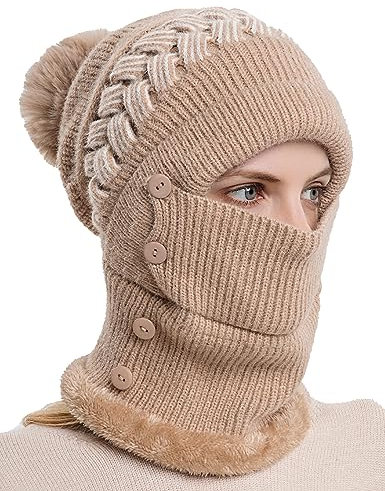 FEOYA Sturmhaube Damen Balaclava Winter Warme Gestrickte Hals Schal mit Pompon
