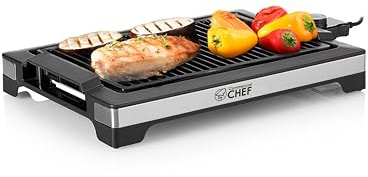 COMMERCIAL CHEF Indoor Grill for Tabletop, Countertop or Kitchen, 1600W Electric Grill with Adjustable Temperature Control, Stainless Steel and Black Portable Grill for Indoor Use