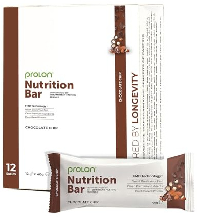 ProLon Nutrition Bar | Intermittent Fasting Bar | Vegetarian & Gluten Free | Keto-Friendly with Plant Based Protein | Developed to Not Break a Fast | Made in Italy | 12 Ct, Chocolate Chips