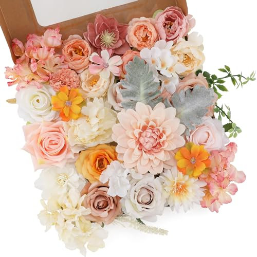 Floweroyal Künstliche Blumen Combo Champagner Blumen Mix Seide Blumen Dahlie Rosen mit Stielen für DIY Hochzeit Brautsträuße, Babyparty, Blumenarrangement, Tischaufsätze, Heimdekorationen.
