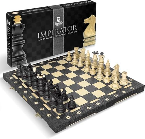 Wegiel Imperator Luxus-Schach-Set aus Holz für Erwachsene und Kinder, handgefertigt aus hochwertigem Buchen- und Birkenholz, einzigartiges Faltdesign mit Schachfiguren-Aufbewahrung, schwarz, 53,3 cm