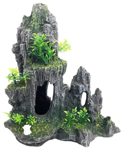 VMCN Aquarium-Dekoration, extra groß und hoch für Aquarien, thematische Ornamente, Baumhaus, Höhle, Größe XL, Grau