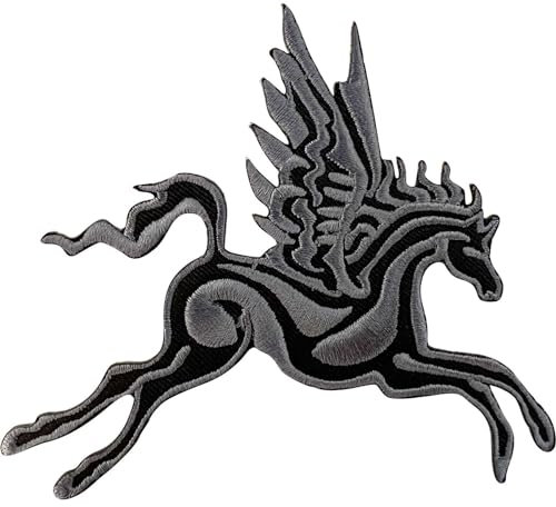 Pegasus Aufnäher zum Aufbügeln oder Aufnähen auf Kleidung, Tasche, Schwarz / Grau, geflügeltes Pferd, bestickt