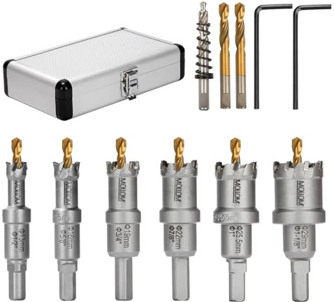 Mollom 6 piezas (13-29 mm) TCT Carbide Hole Saw Kit para metal duro, que incluye 6 cortadores de agujeros grandes con 3 brocas piloto adicionales y 2 llaves hexagonales