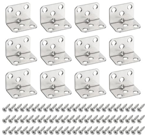 QUARKZMAN 12Stk 90 Grad Rechtwinkelige Halterung 25mm Stahl L Winkel Eckstrebe mit Schneidschrauben für Möbel Brett Schrank Tisch Silber