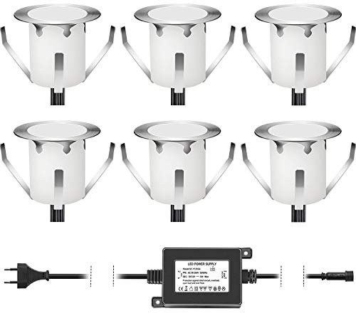 DarisingSun 6 Kit Spots Extérieur Encastrable LED pour Terrasse Enterré Plafonnier,LED Encastrable 0.6W IP67 DC12V Etanche,Lampe Extérieur Pour Chemin,Escalier,Piscine,Cour,Salle de Bain Blanc Chaud