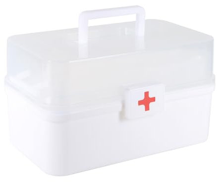 Gzsekken Medicine Storage Box, First Aid Storage Box,First Aid Box Empty 2 Layer with Divider,Portable Emergency Kit, Medical Box for Home, Lockable Lid Medicine Box Medical Supply Travel Box