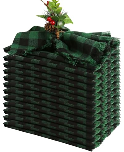 Handgefertigte Stoffservietten, 12 Stück, 100% Baumwolle, Stoffservietten mit Fransen, 43,2 x 43,2 cm, grün/schwarz, Büffelkaro Servietten für Weihnachten, Abendessen, Tischdekoration