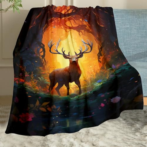 MUNOOR 3D REH Kuscheldecken 70x100 cm Weich Flanelldecke Wohndecke Geschenke für Kinder Erwachsene, Decke 3D mit Motiv Tiere Sonnenuntergang Sofadecke Couchdecke Tagesdecke