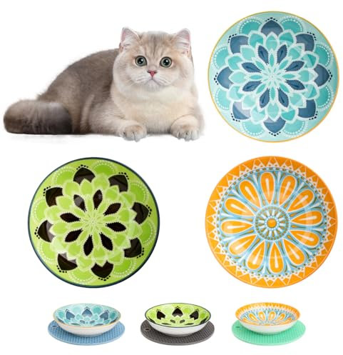 Quyimy 3 PCS Ceramic Cat Bowls, 5.5 Inches Cat Dishes And Bowls Wide Shallow Cat Food Bowls with 3 Non-Slip Mats, Colorful Whisker Stress Free Cat Feeding Plates, Ceramic Pet Bowls for Cats, Kittens