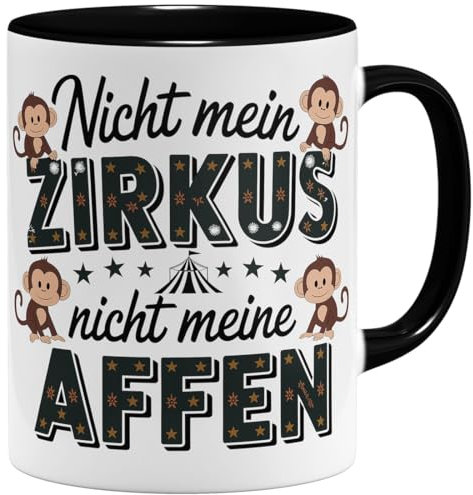 OM3® lustige Kaffee-Tasse mit Spruch - Nicht mein Zirkus nicht meine Affen - Zirkuszelt Äffchen - Statement Bürotasse IV - Keramik Becher - 325ml - Beidseitig Bedruckt - Schwarz