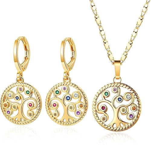 FDEETY Albero Della Vita Parure Gioielli Donna Rotondo Cristalli Colorati Collana Orecchini Pendenti Catena Elegante Placcato Oro