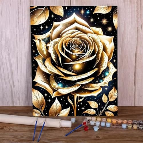 Aimaor Malen Nach Zahlen Erwachsene DIY Goldene Rose mit Rahmen Handgemalt Ölgemälde Kit für Anfänger mit Pinseln und Acrylfarben Paint by Numbers Kit für Geschenk Heimdekoration - 45x60cm