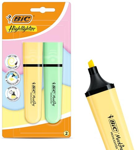 BIC Marking Highlighter Flach Textmarker Marker 2 Stück Kunststoff Textmarker mit Pastellgelber & grüner Tinte Textmarker Stifte für glatte Noten Präzise Highlights Ideal für Schule und Büro