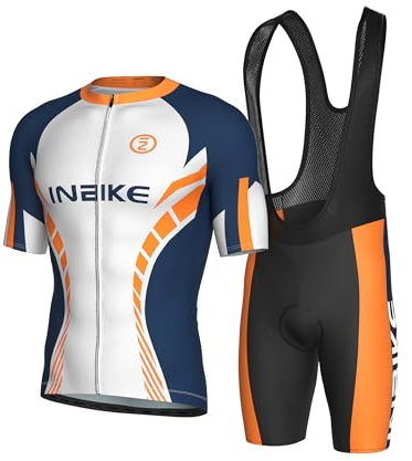 INBIKE Mens Cycling Clothing Set Bike Jersey Long Sleeve Cycling Jersey with 3D Padded Cycling Bib Pants for Road Riding, White/Blue-shorts, M