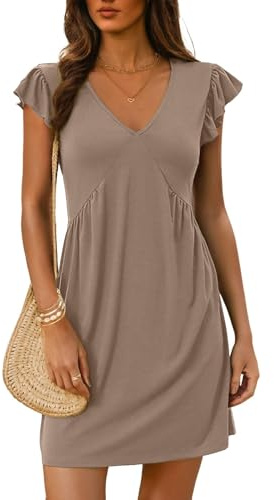 EIRUKON Robe Femme Ete Mini Col V Robes Manches à Volants Robe de Plage Manches Courtes Couleur Unie Ample Robes Chic et Elegant Longueur Genou Décontracté Casual,Kaki,S