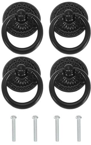 PATIKIL 4 Stück Vintage Möbelgriffe Schwarz, Zinklegierung Ziehen Ring Griffe mit Schrauben, Retro Ringgriff für Schubladen Schrank Kleiderschrank Kommode Schmuckbox Küchenschrank Möbel