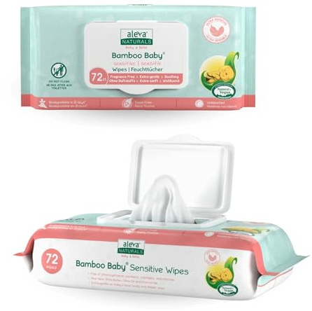 Aleva Naturals Bamboo Baby® Feuchttücher Sensitiv – Ultrasanfte, extra starke Feuchttücher für Babyhaut – 100% natürliche Inhaltsstoffe – Mit Sheabutter, Aloe Vera & Kamille – Biologisch abbaubar