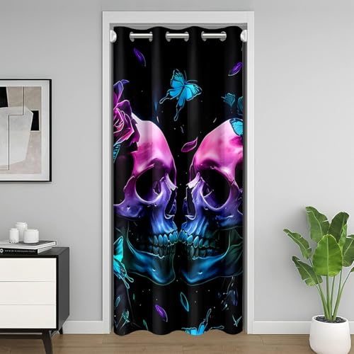 Homewish Rose Totenkopf Rose Schmetterling Türvorhang 86x203cm | Kinder EIN Paar Gotischer Totenköpfe Schmücken Vorhang Mädchen Jungen Jugendliche Moderne Zimmer Wohndekor Sichtschutzvorhang