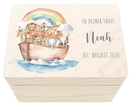 DEL MÀ Unique & Personal Erinnerungsbox Taufe Geschenk personalisiertes Taufgeschenk Arche Noah Taufbox Erinnerungskiste Holzkiste mit Deckel Holzbox 30x20x13 cm