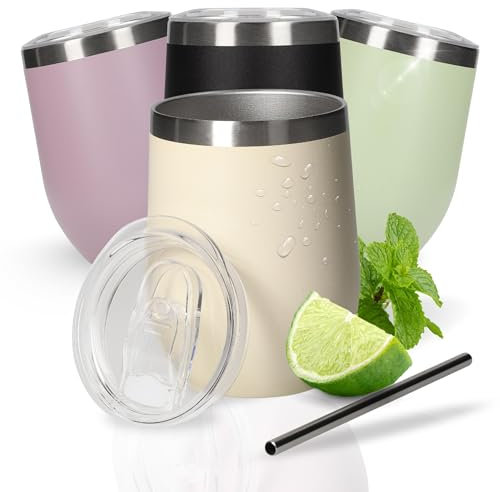 Weinbecher 350 ml 'Vinova' - doppelwandiger Edelstahlbecher hält Getränke lange kalt - Trinkbecher mit Deckel und Strohhalm - Becher als perfekte Geschenkidee für den Sommer, Farbe:beige