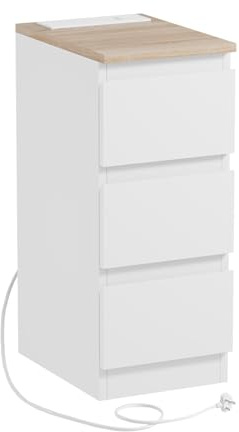 PCGAGA Slim Bedside Cabinet with Charging Station, Small Bedside Table with 3 Drawers, Power Sockets and USB Charging Port, Narrow Nightstand Slimline Side Table (Matt, Maple)