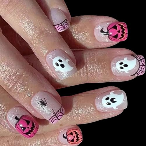 Halloween Unghie finte corte quadrate ragni web zucca arte durata unghie artificiali per feste in costume nero bianco Halloween chiodo