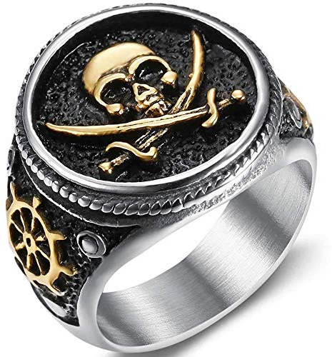 LAIBUY Bague en acier inoxydable avec tête de mort, couteau de pirate, Halloween, cocktail, fête, motard