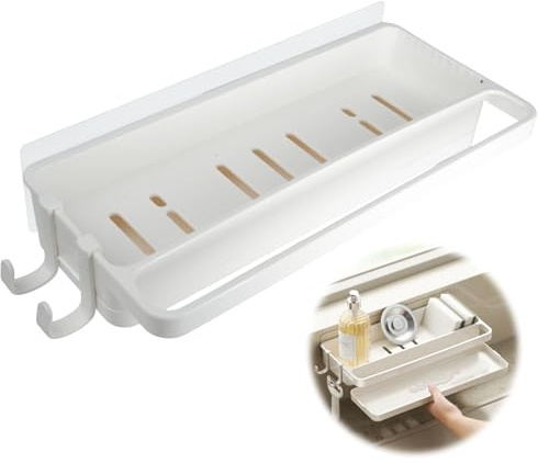 leruiyezs Porte Eponge Evier,Autoadhésif en ABS,Égouttoir Drainant avec Bac Amovible,2 Crochets et Etagère Serviette,Fixe sans Perçage pour Cuisine Salle de Bain,Rangement Eponge Evier Cuisine,Blanc