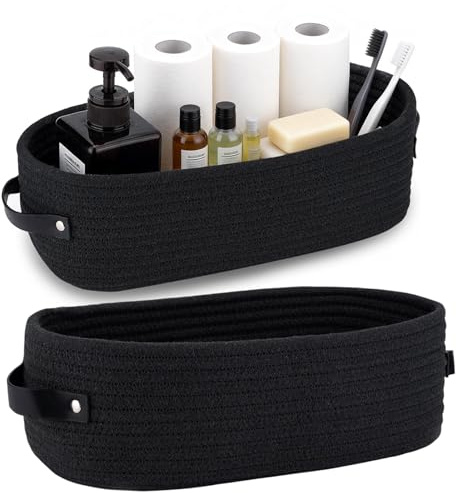 TIANLIN Pack of 2 Braided Cotton Rope Storage Baskets, Size 33 x 15 x 10 cm, Small Baskets Storage with Leather Handles for Bathroom, Bedroom, Kitchen and Shelf (Black)