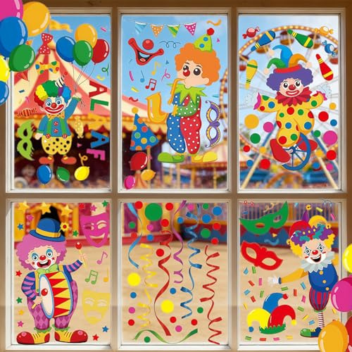 ZeiLaBang Kakadi Fensterbilder Karneval,9 Stück Clown Fenster Aufkleber,Fasching Fenster Abziehbilder,Clown Fensterbilder Selbstklebend,Statisch Haftende Für Faschings Geburtstagsparty Fensterbilder