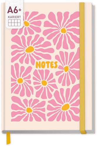 Häfft paper&you Notizbuch kariert A6+ mit Gummiband Pink Flowers | 156 nummerierte Seiten (78 Blatt), 90g/m²-Papier, mit Index - als Oktavheft, Notizheft, Journal oder Mini-Tagebuch