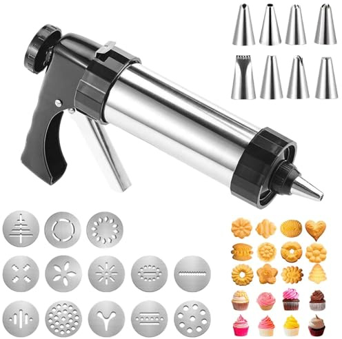 RVERPROS Pastry Press Stainless Steel Biscuit Press Dough Syringe Biscuit Press Biscuit Press Dough Press Machine with 13 Stencils & 8 Nozzles for DIY Decorating Cakes and Desserts Biscuits