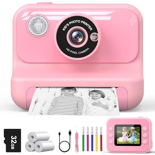 Cámara Instantánea Niños, 2.4'' Pantalla Camara Fotos Infantil Instantanea con Tarjeta 32GB y 3 Rollos de Papel, Regalo de Cumpleaños para Niños y Niñas de 3 a 12 Años