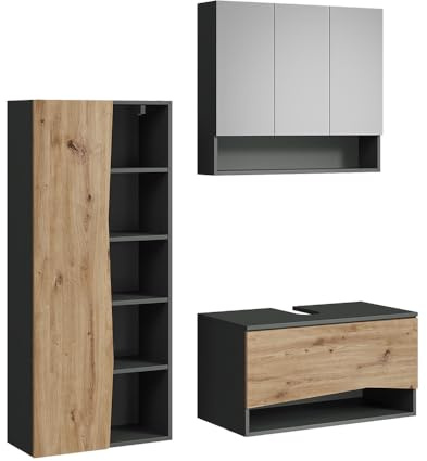 Vicco Badmöbel-Set Willow, Artisan, 80 cm, besteht aus Waschbeckenunterschrank, Spiegelschrank und Hochschrank