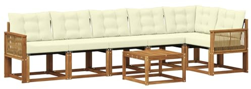 vidaXL Outdoor-Sofagarnitur mit Kissen 7 pcs Natur und Creme, Garten, modernes Sofa-Set, langlebige Möbel für draußen, stilvolle Lounge, entspannen am Pool