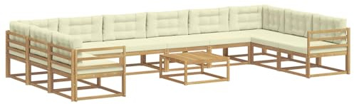 vidaXL Outdoor-Sofagarnitur mit Kissen 11 pcs Weiß und Creme, Akazienholz Garten-Sofa-Set, Moderne Outdoor-Sitzgruppe, Bequeme Bänke für Terrasse, Garten, Poolmöbel