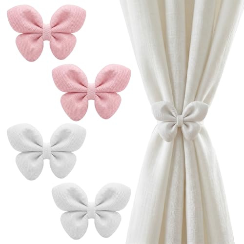 4 Pièces Embrasse pour Rideaux Magnétique - Attache Rideau, Pince Rideau et Embrasse Rideau, Blanc Rose, Nœud Fleur sans Perçage pour Salon Chambre Bureau