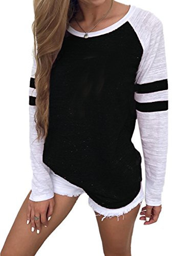 Famulily Women's Long Sleeve Baseball Tee Shirt Crew Neck Colorblock Striped Tops(Black,Large)