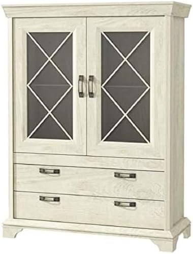 FORTE Kashmir Vitrine mit 2 Glastüren und 2 Schubladen, Holzwerkstoff, Pinie Weiß Dekor, 48,2 x 123 x 162,3 cm