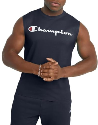 Champion Herren Classic Muscle T-Shirt, Sleeveless, Standard Fit, Script & C, Available in Regular and Big & Tall Hemd, Marineblau – klassisches Schrift-Logo, L