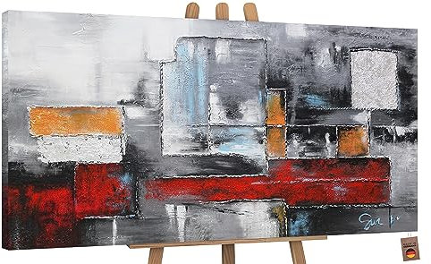YS-Art Abstrakt Acryl Gemälde auf Leinwand Abstraktion in rot-grauen Farben handgemalt Wandbilder Wohnzimmer modern Wohndekor Bilder Büro echte Kunst 100x50 cm