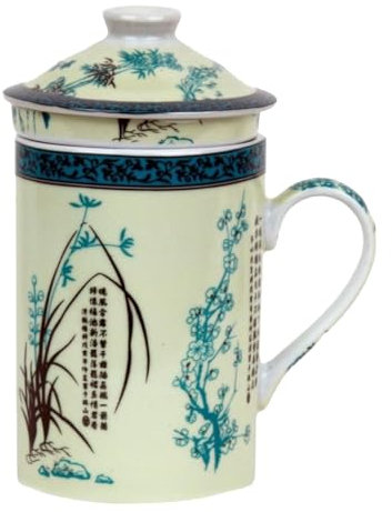 Keramik Teetasse mit Deckel + Sieb für Losen Tee mit Asiatischem Motiv (Asiatische Gräser, 514) Japanische Chinesische Tasse Für Teeliebhaber, Porzellan Kaffee Geschenk Set Asien Asia Becher Haferl